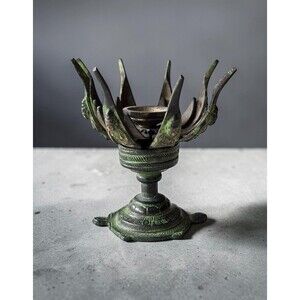 Bronze Lotus Buddha Candle Holder, 4.5" Verdigris Spiritual Altar Decor Vintage